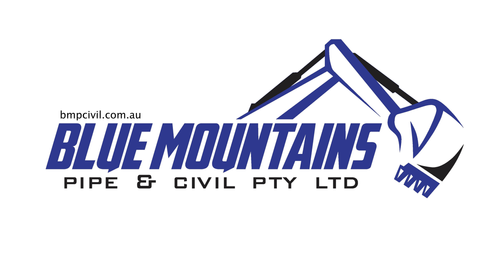 Logo for Blue Mountains Pipe & Civil Pty Ltd featuring an illustration of mountain peaks and a pipe wrench.