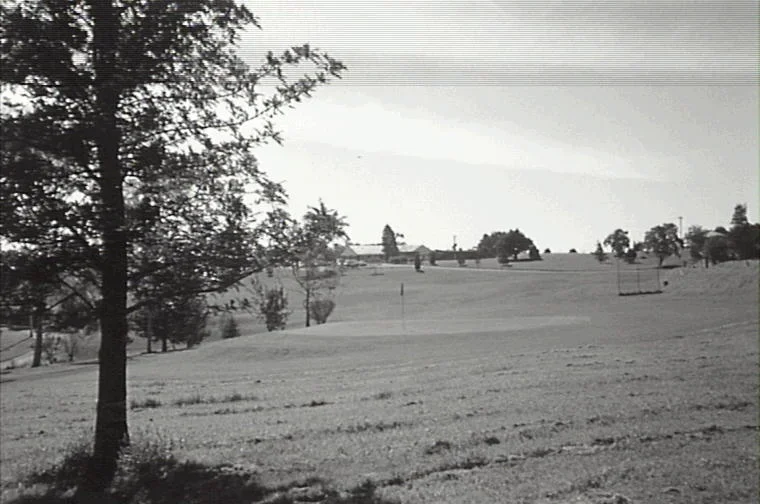 Black and white photo of a landscape with trees, rolling hills, and a cloudy sky.