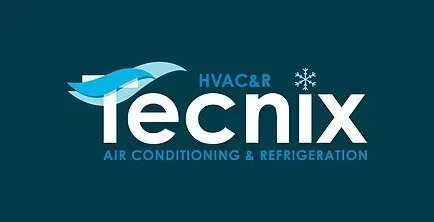 Logo for Tecnx HVAC&R, Air Conditioning & Refrigeration with stylized blue and white waves