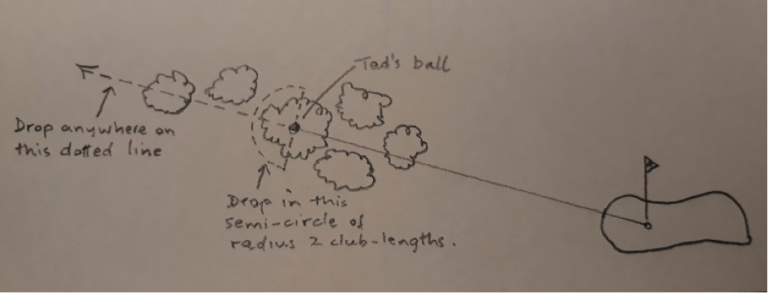 Hand-drawn diagram of a golf swing with labeled parts, including a dotted line indicating the ball drop point, a semi-circle representing the radius of club-lengths, and a golf hole marked with a flag.