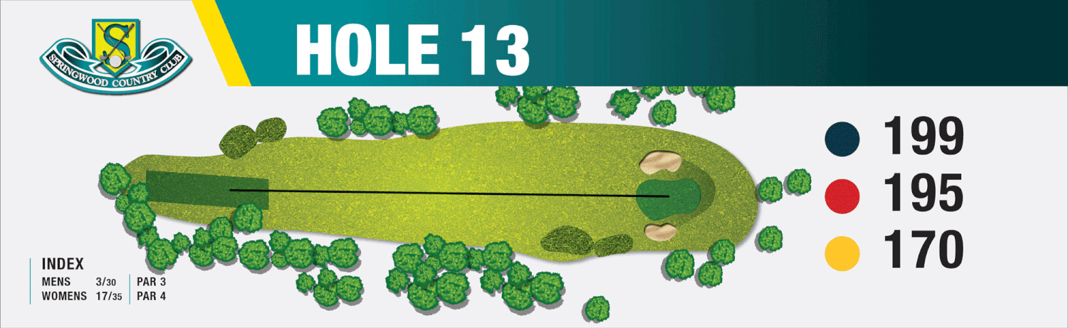 Map of hole 13 at Springwood Country Club with distances of 199 yards, 195 yards, and 170 yards marked with black, red, and yellow circles respectively, and a layout showing trees and sand traps.