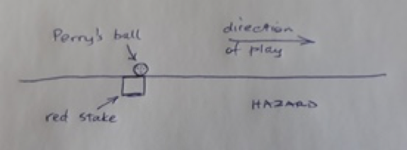 A hand-drawn diagram showing a baseball game with a red stake, a baseball labeled 'Perry's ball,' and an arrow indicating the direction of play. The diagram also notes a hazard.