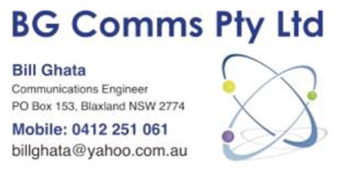 Business card for BG Comms Pty Ltd with contact info for Bill Ghata, communications engineer, phone number 0412 251 061, email billghata@yahoo.com.au, and a graphic of an atom or orbit model.