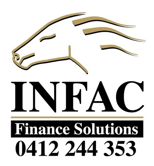 Logo featuring a stylized horse's head above the text 'INFAC' with a line underneath it, and 'Finance Solutions' along with a phone number.