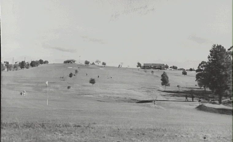 A rural landscape featuring a golf course with a few trees, a person walking a dog, and buildings or structures in the background under a partly cloudy sky.