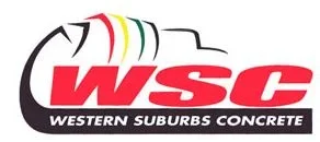 Western Suburbs Concrete company logo with red and black text and a stylized abstract graphic.