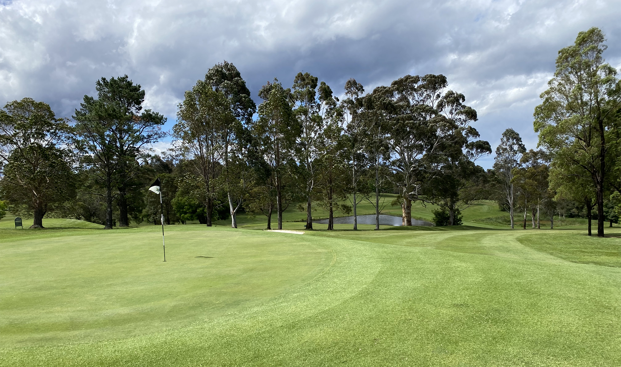 Golf course with a putting green, flag, trees, pond, and cloudy sky.