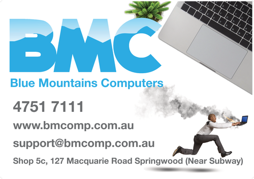 Business card for Blue Mountains Computers featuring logo, contact info, and images of a laptop and a person running with a computer.
