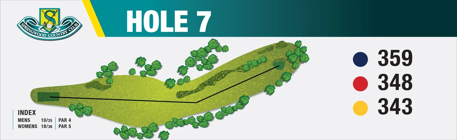 Golf course map of Hole 7 at Springwood Country Club, showing yardages of 359, 348, and 343 yards with trees surrounding the hole.