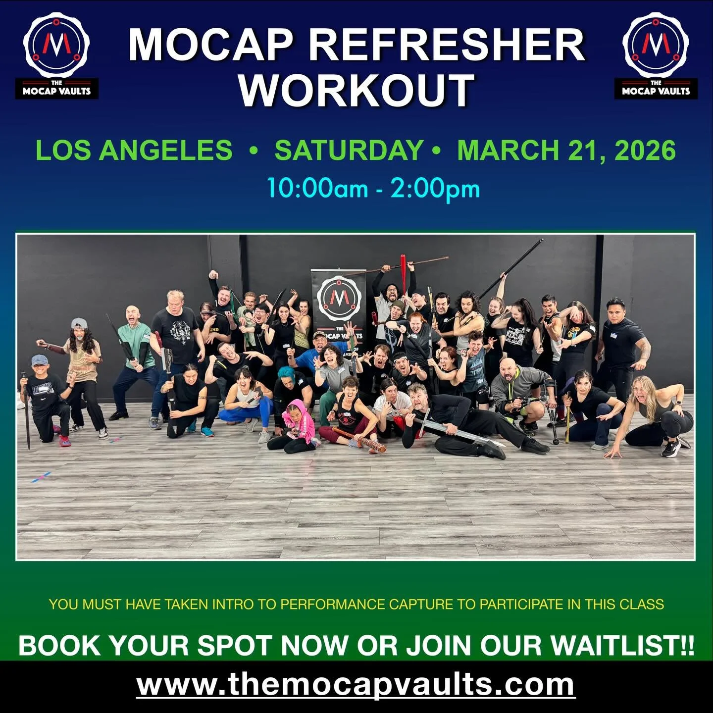 Just announced: Mocap Refresher Workout - Los Angeles
Saturday March 21st

Hello Vaulters!
It&rsquo;s that time again! 

Just a reminder that we&rsquo;ll be hosting a new Mocap Refresher Workout on Saturday March 21 from 10am -2pm at Mihran K Studios