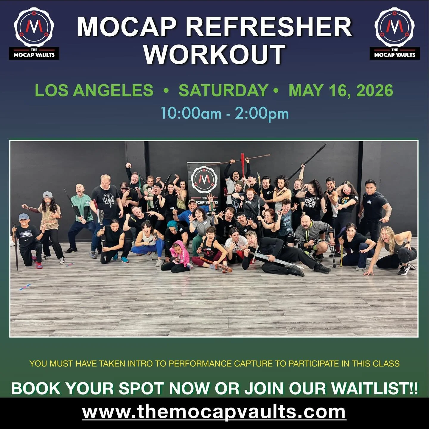Just announced: Mocap Refresher Workout - Los Angeles
Saturday May 16th

Hello Vaulters!
It&rsquo;s that time again! 

Just a reminder that we&rsquo;ll be hosting a new Mocap Refresher Workout on Saturday May 16th from 10am -2pm at Mihran K Studios
1