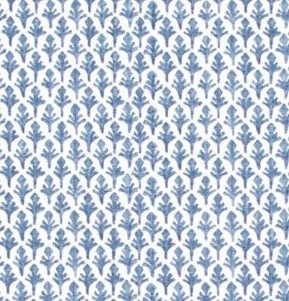 A pattern of small, blue floral motifs on a white background  for custom drapery.  Houston, TX