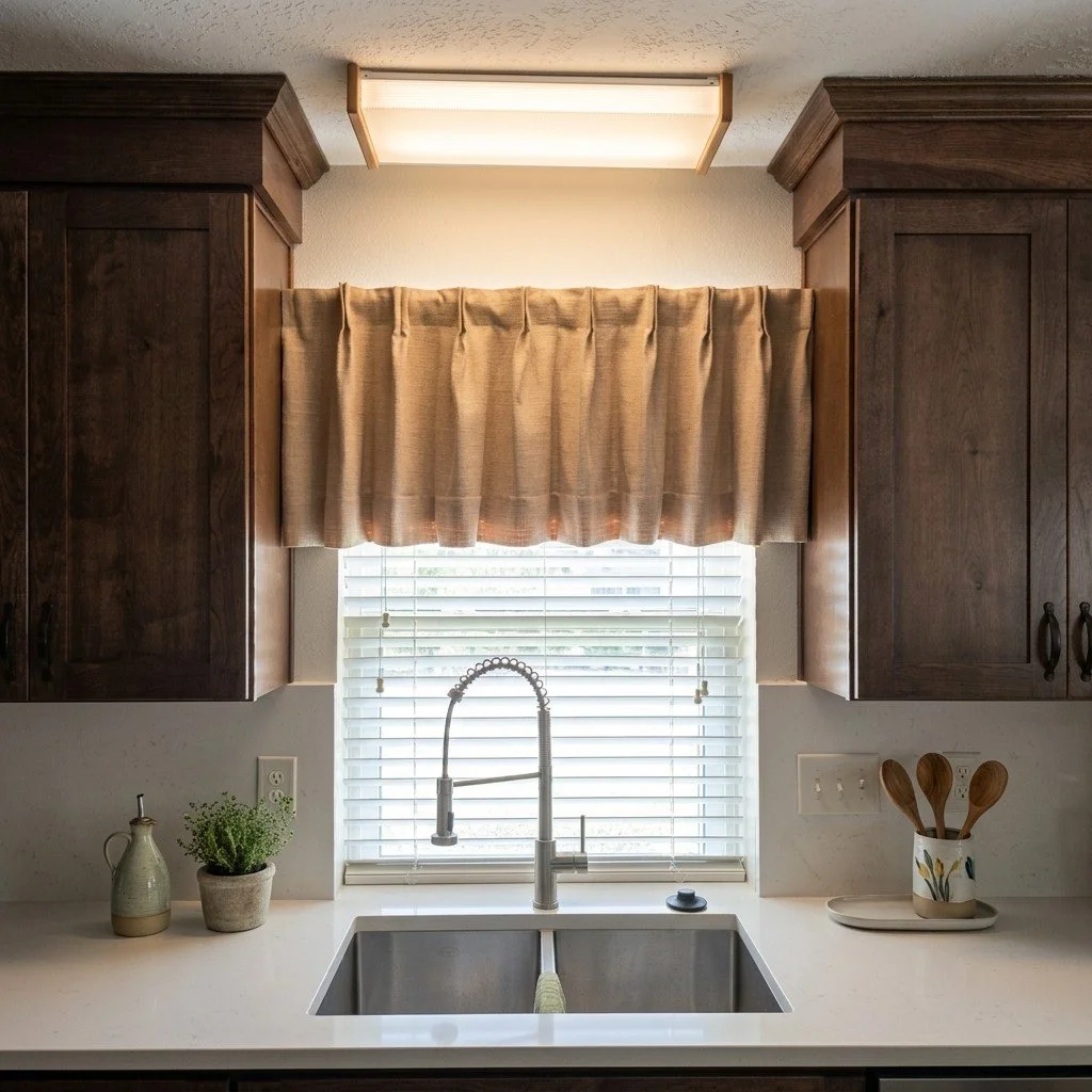 After image Kitchen sink with a window above it, beige window valance, potted plant, soap dispenser, and utensils in a holder. Houston TX