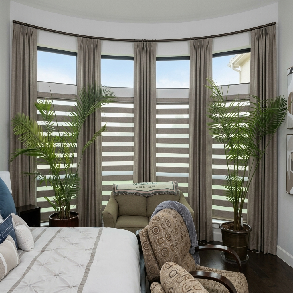A bedroom with large bay windows with horizontal striped blinds and beige curtains. There's a green armchair with a towel on top, two tall potted palm plants, a bed with a white comforter, and a patterned armchair. Cypress TX near Houston.