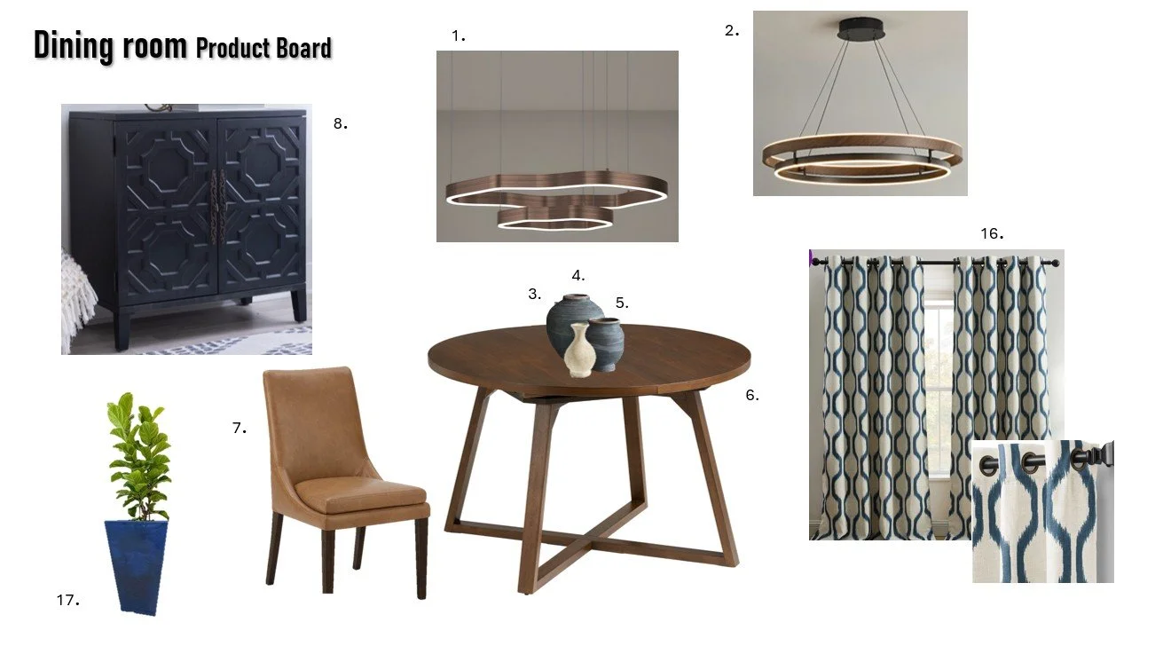 A dining room product board with various furniture and decor items. It includes a black cabinet with geometric door panels (8), two modern pendant lights with circular and abstract shapes (1 and 2), a round wooden dining table with three vases on top (4, 5, and 6), a set of patterned curtains and curtain rods (16), a beige upholstered dining chair (7), a potted green plant in a tall blue pot (17), and a black and white patterned curtain fabric.