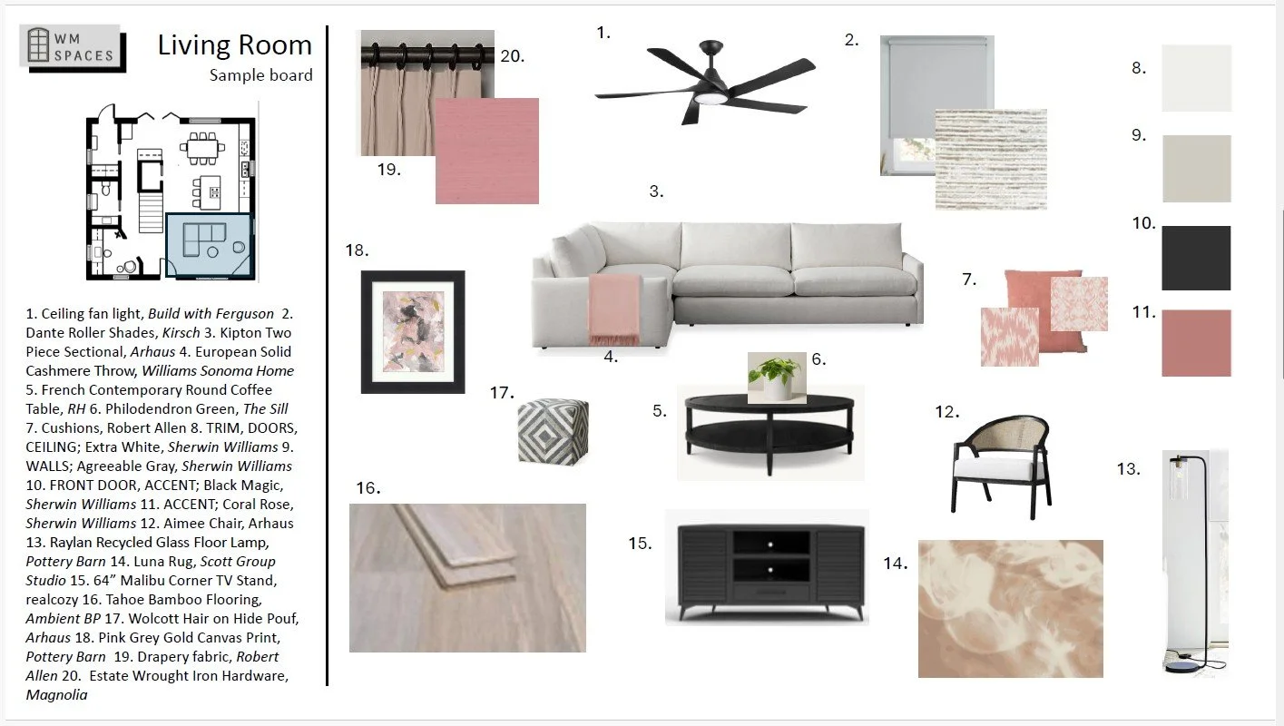 Living room product board showing furniture and decor items including curtain fabric, pillows, accent chair, ottoman, plant, rug, sectional sofa, art work, , wooden cabinet, floor lamps, ,color swatches in shades of white, black, and pink in Houston,