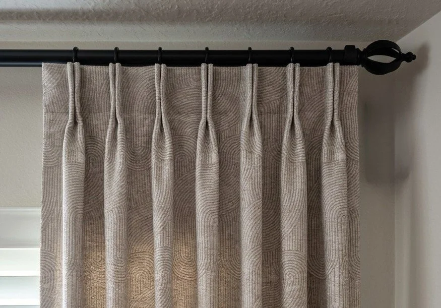 Beige curtains with a subtle circular pattern hanging from a black curtain rod. Houston TX
