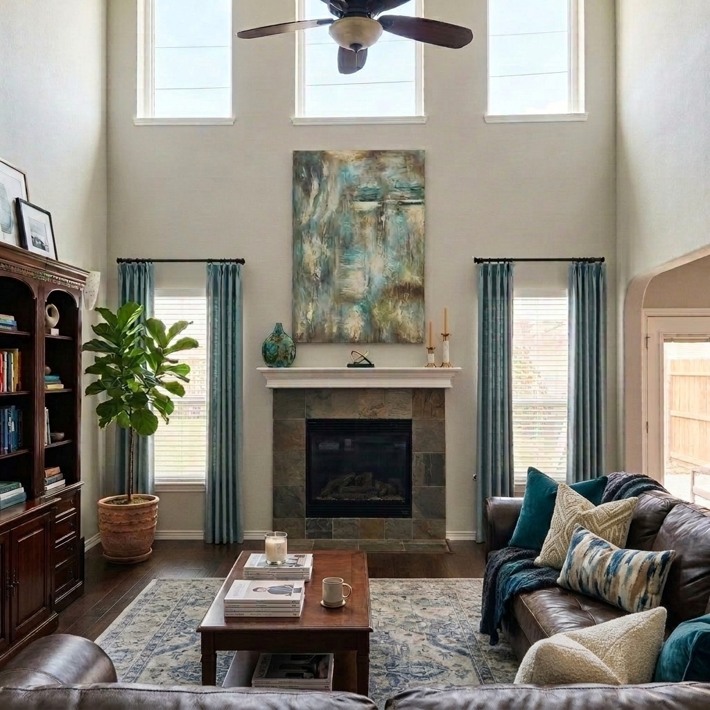 Living room with high windows, abstract art, custom blue curtains, a bookshelf, a large potted plant, a leather sofa with pillows, a coffee table, and a patterned rug. Affordable custom drapery and interior design furnishing room makeovers. Houston