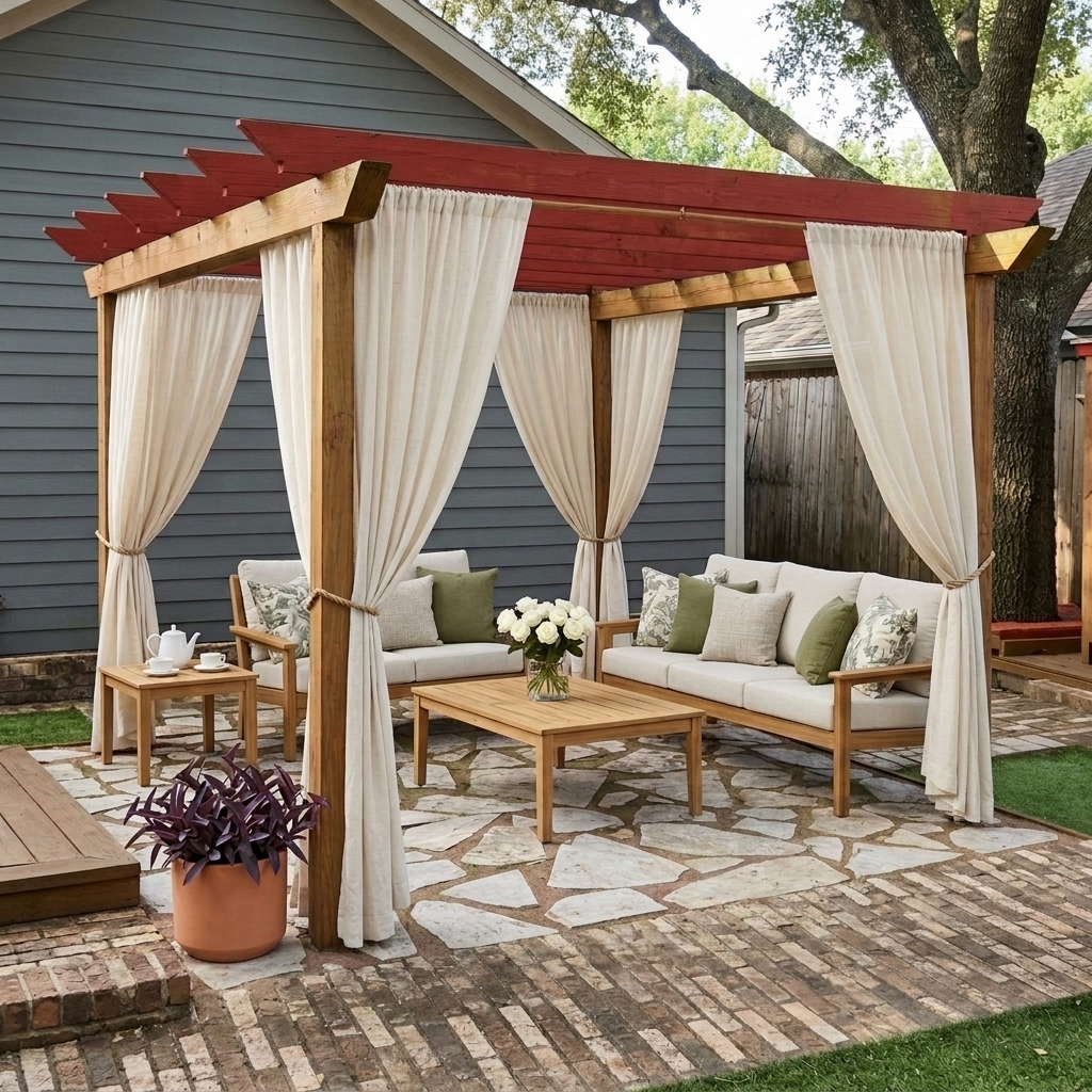 Outdoor patio area with a wooden gazebo, cream curtains tied back, and two white cushioned sofas with green and patterned pillows. There is a wooden coffee table with a flower vase, a potted plant, and a small wooden side table with a teapot and cups