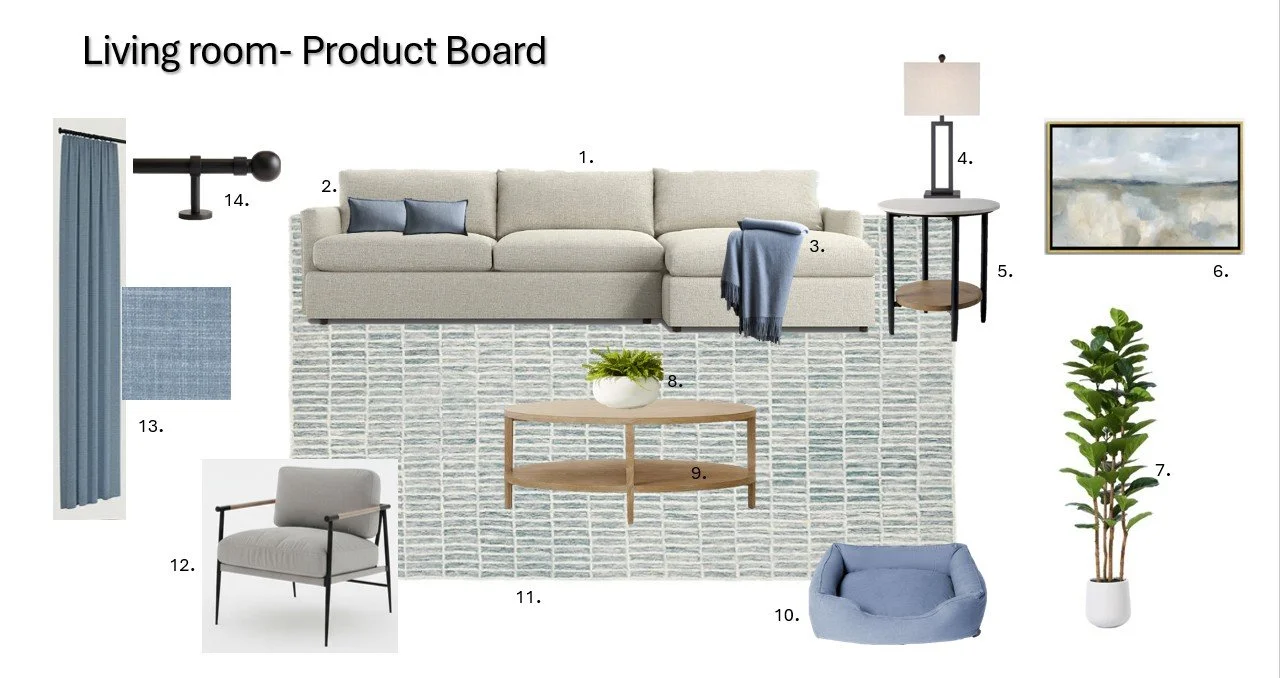 Custom Interior Design Product Sample Board- Coastal Farmhouse drapery, rug, furniture, dog bed