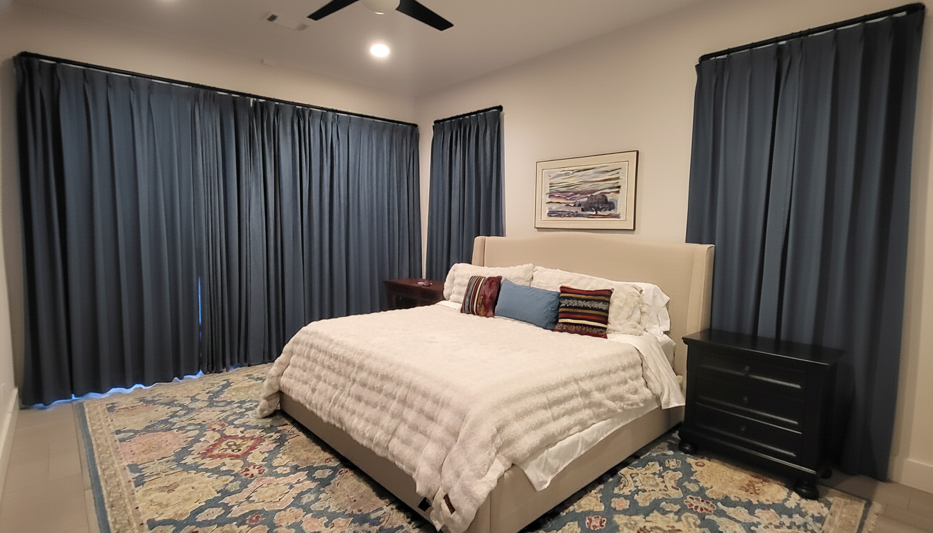 After picture of bedroom with blackout blue drapery on black French return rods, plush bed cover, blue and striped pillows,  coordinating patterned rug and artwork. completed with a budget custom functional interior design package in Houston, TX.
