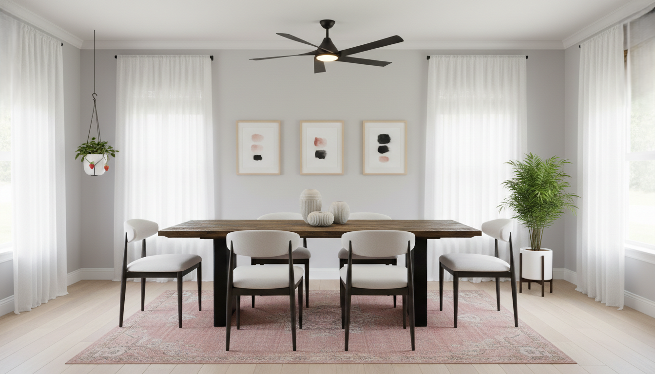 Dining room picture showing furniture and decor items including sheer curtains, plant, rug, dining table & chairs, art work, colors in shades of white, black, gray and pink in Houston, TX