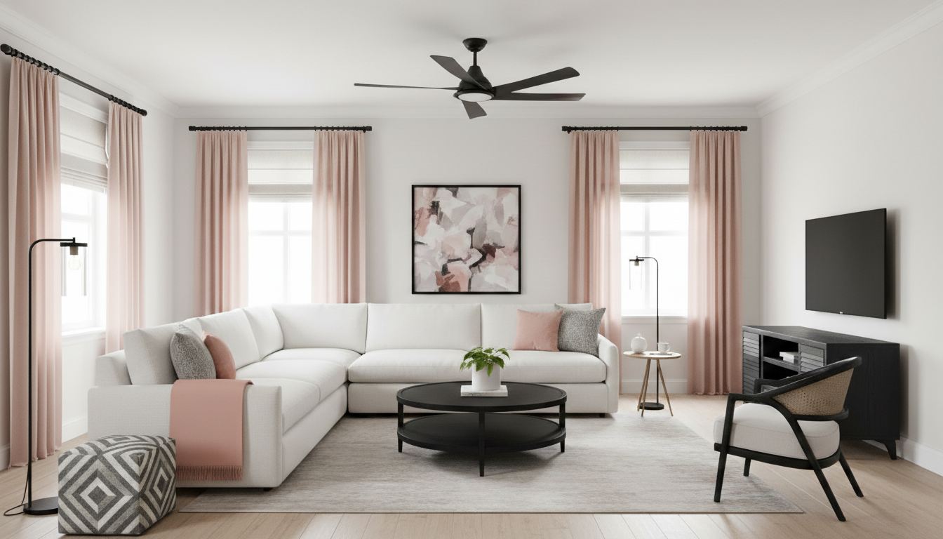 Living room picture showing furniture and decor items including curtain fabric, pillows, accent chair, ottoman, plant, rug, sectional sofa, art work, wooden cabinet, floor lamps, colors in shades of white, gray, black, and pink in Houston,