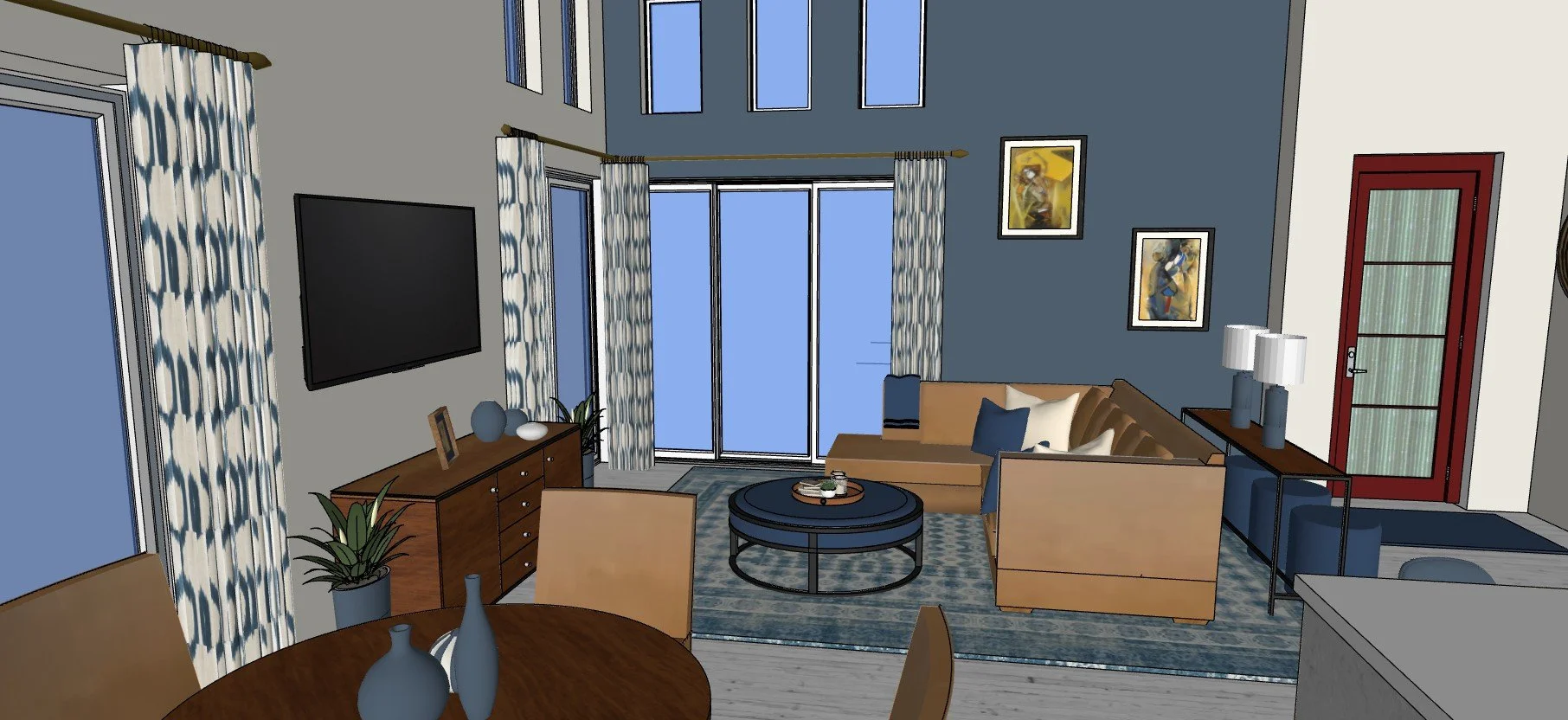 A modern living room with a large window and sliding patio door, a flat-screen TV, wooden furniture, and blue and beige accents. There are curtains with a blue and white pattern, framed artwork on the wall, and a red door.