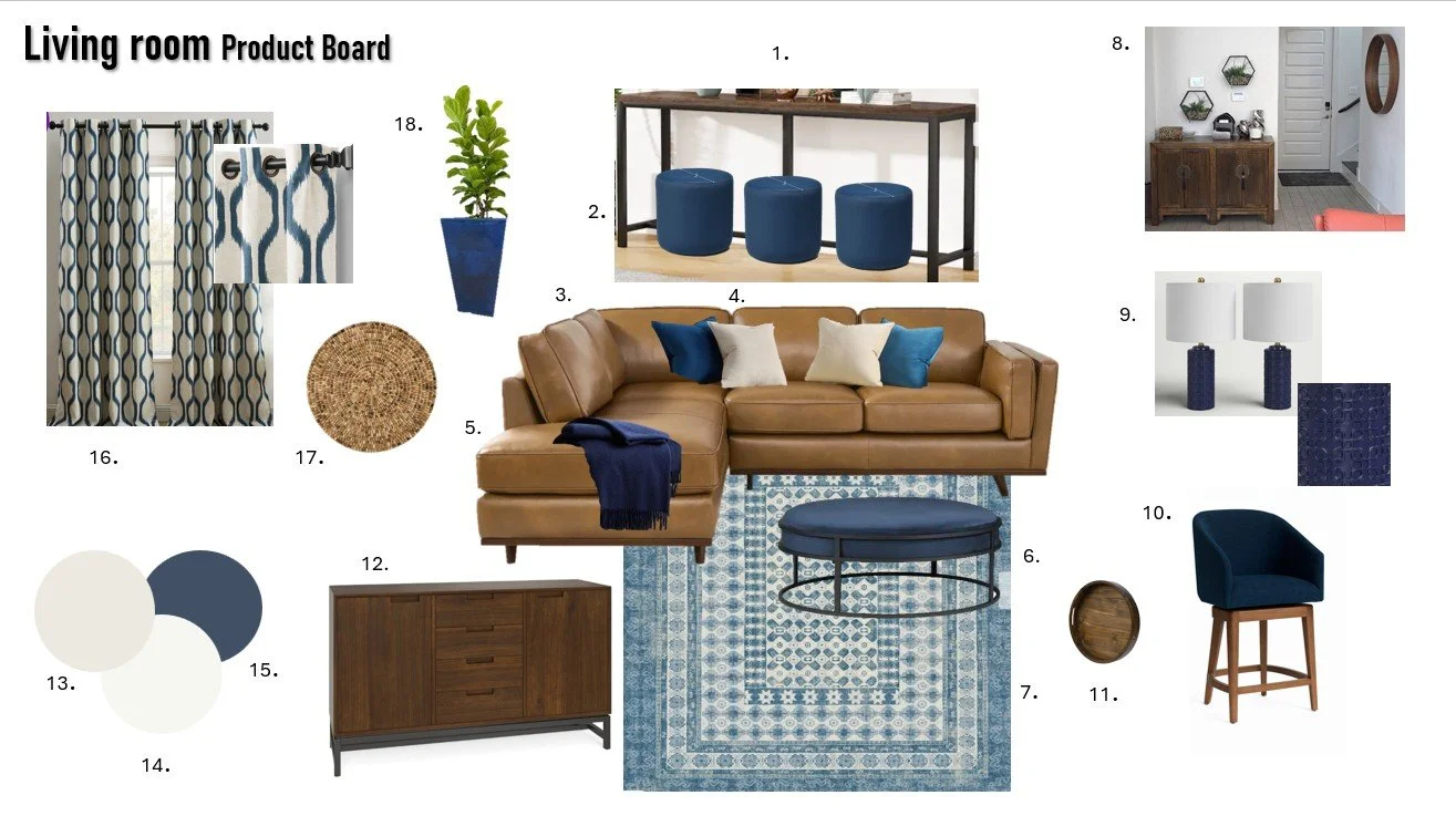 Living room product board showing furniture and decor items including a curtain, plant in a blue pot, round woven rug, sectional sofa with blue and white pillows, blue ottoman, wall mirror, wooden sideboard, pair of blue and white lamps, patterned blue rug, blue armchair, wooden round tray, and color swatches in shades of white, blue, and gray.