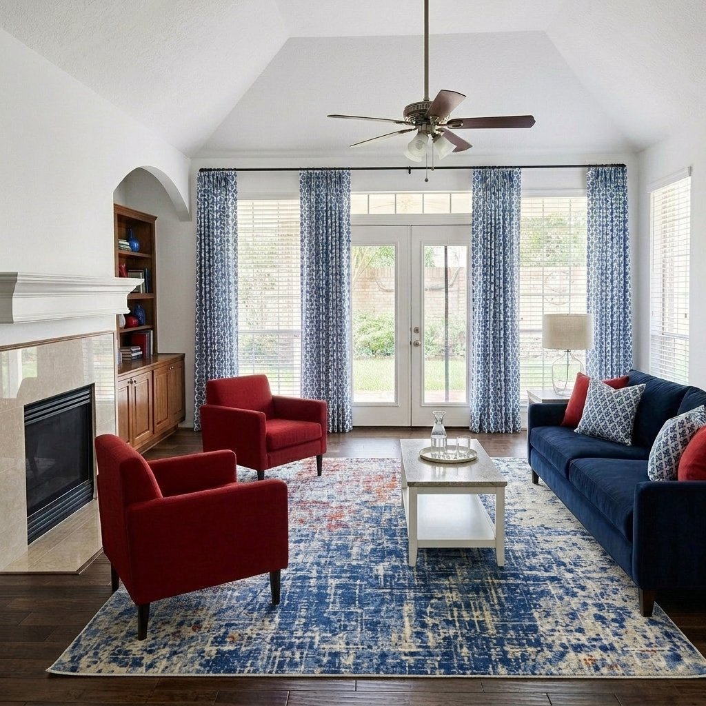 After Living room with blue curtains, red and navy blue furniture, a white coffee table, a fireplace, hardwood floors, a ceiling fan, and a view of the backyard through glass doors.  Houston, TX