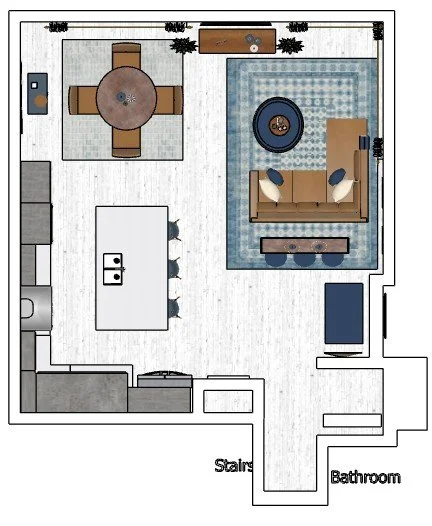 Floor plan of a living room and kitchen area with a dining table, sofa, rug, TV, and bathroom.