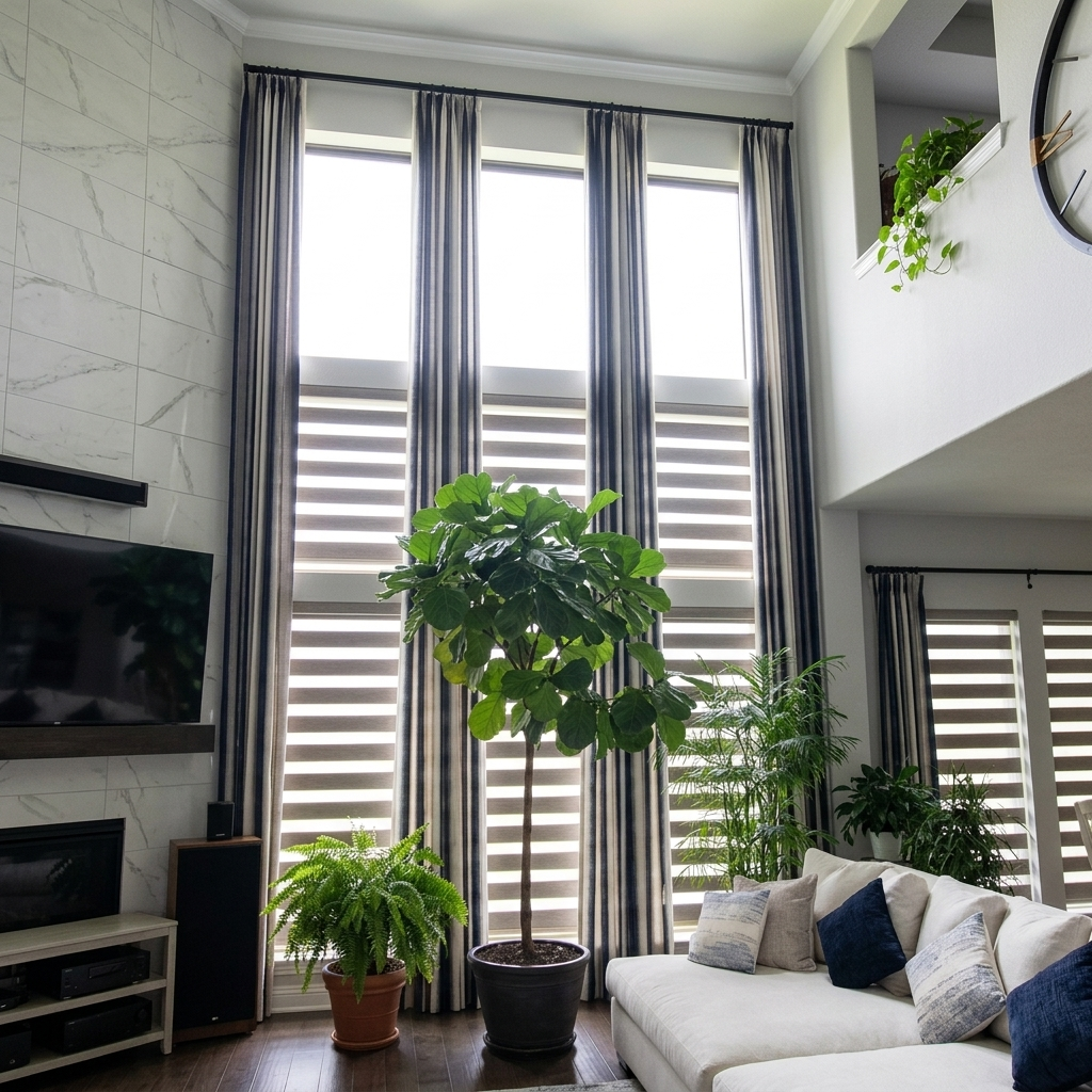 Living room with large windows, striped curtains, green plants, a white sofa with assorted pillows, a wall-mounted TV, and a fireplace.