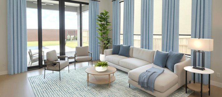 Custom budget friendly Interior Design after picture coastal farmhouse with drapery, pillows, furniture, rug in Houston, TX.