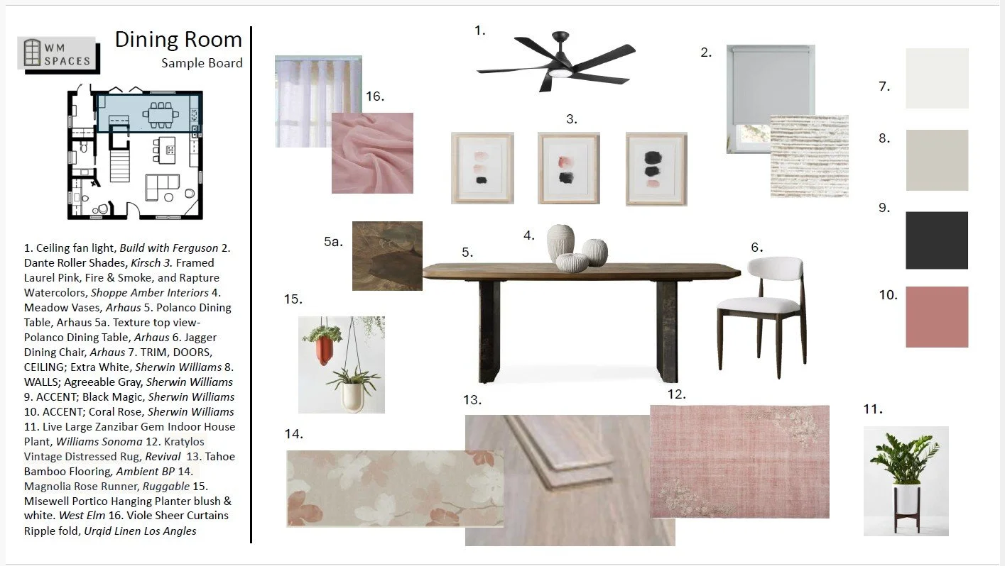 Dining room product board showing furniture and decor items including sheer curtain fabric, plant, rug, dining table & chairs, art work, color swatches in shades of white, black, and pink in Houston