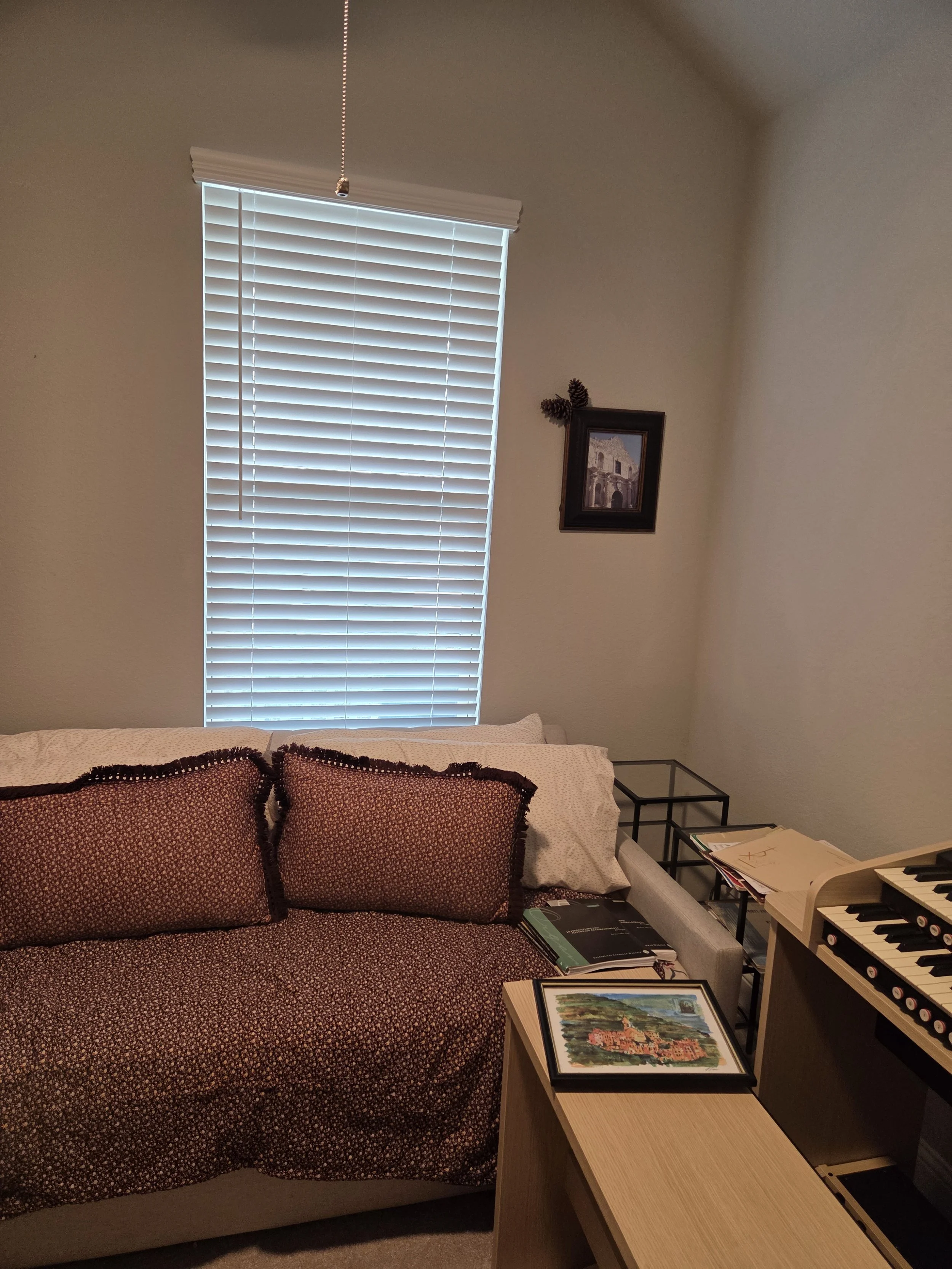 A cozy living room with a window covered by white blinds, a couch with three patterned cushions, a small side table with books, a framed painting on a low table, and a black metal side table next to the couch.