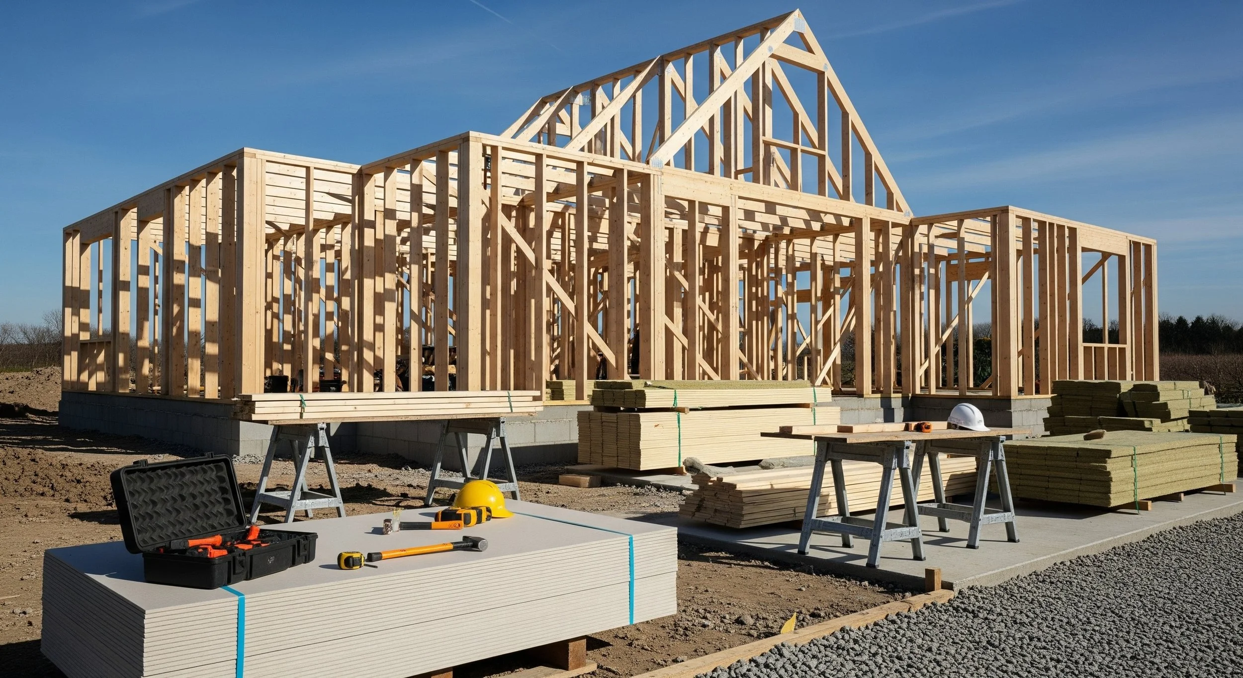 Wood framing structure of a house under construction on a concrete foundation, with construction tools and materials organized on the site.