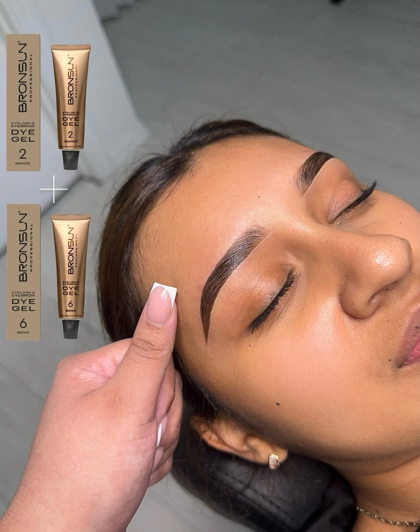 The tint combo behind this brow transformation!

I mixed Bronson Dye Gel #2 (Graphite) + #6 (Brown) to create the perfect custom shade for my client. Every brow tint I do is tailored to the clint&rsquo;s hair color, skin tone, and brow goals.
That&rs