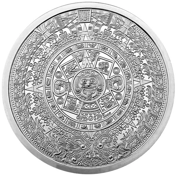 A circular metallic plate featuring intricate carvings of Zodiac symbols, ancient calendar symbols, and mythological creatures, arranged in concentric circles.