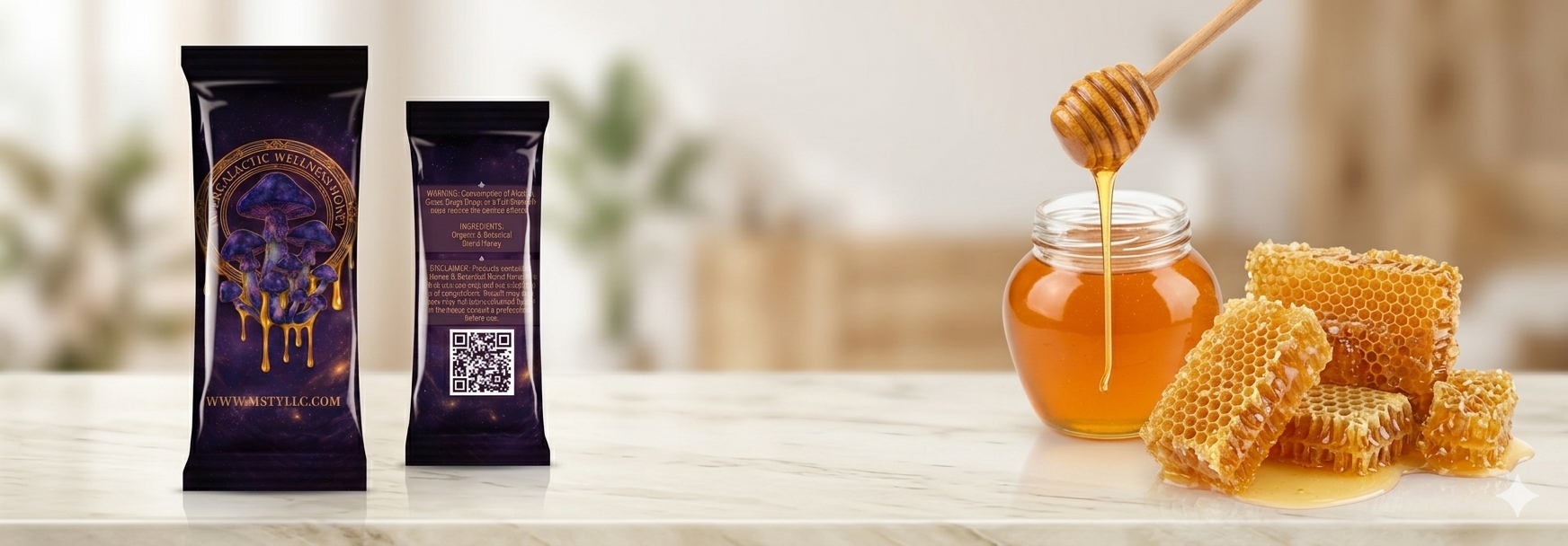 Two dark purple packages with mushroom illustration, a glass jar of honey with a honey dipper, and honeycomb pieces on a white surface.
