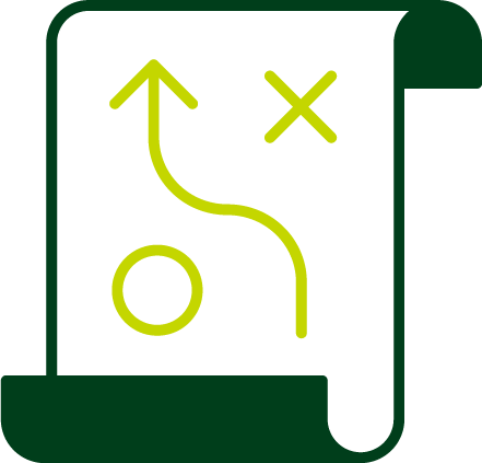 A green sports strategy diagram with a plan, indicating an upward movement, a cross mark, and a looping arrow.