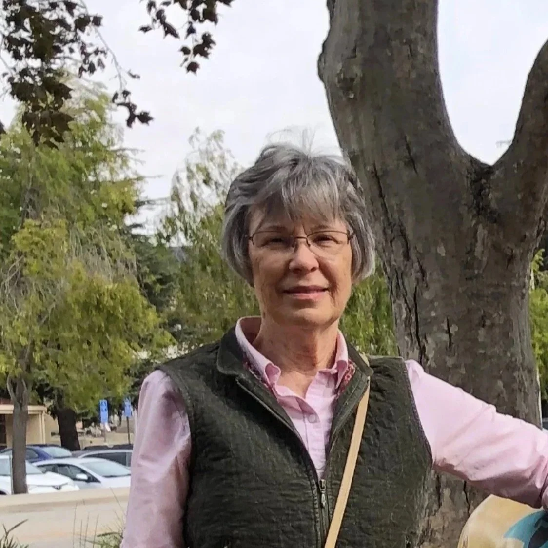 A woman with gray hair and glasses standing outdoors near a large tree, wearing a pink shirt and a dark vest.
