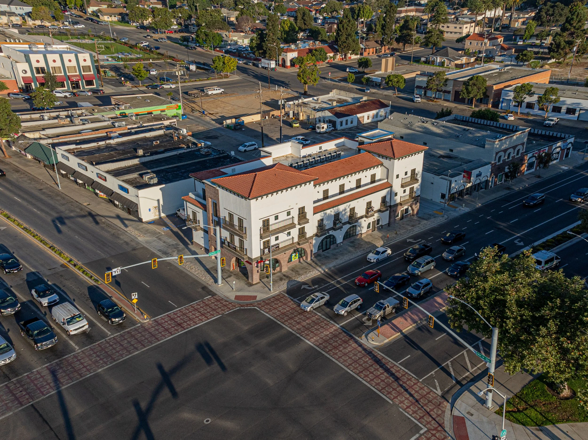 Cinematic aerial video production still showcasing a new commercial real estate development near the Santa Maria Town Center.