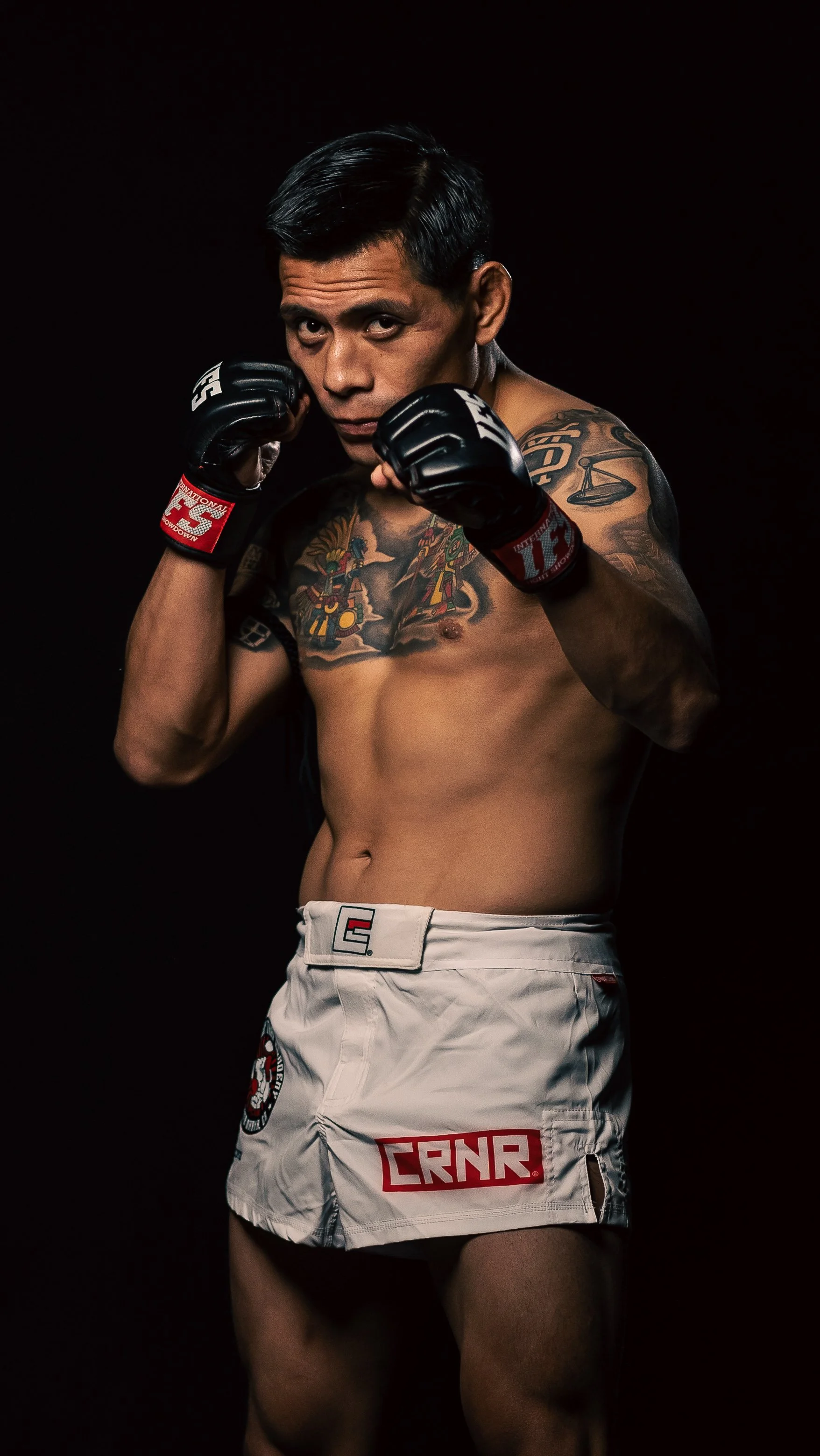 High-contrast sports portrait of an MMA fighter wearing gloves in a fighting stance, shot with dramatic, edgy studio lighting.