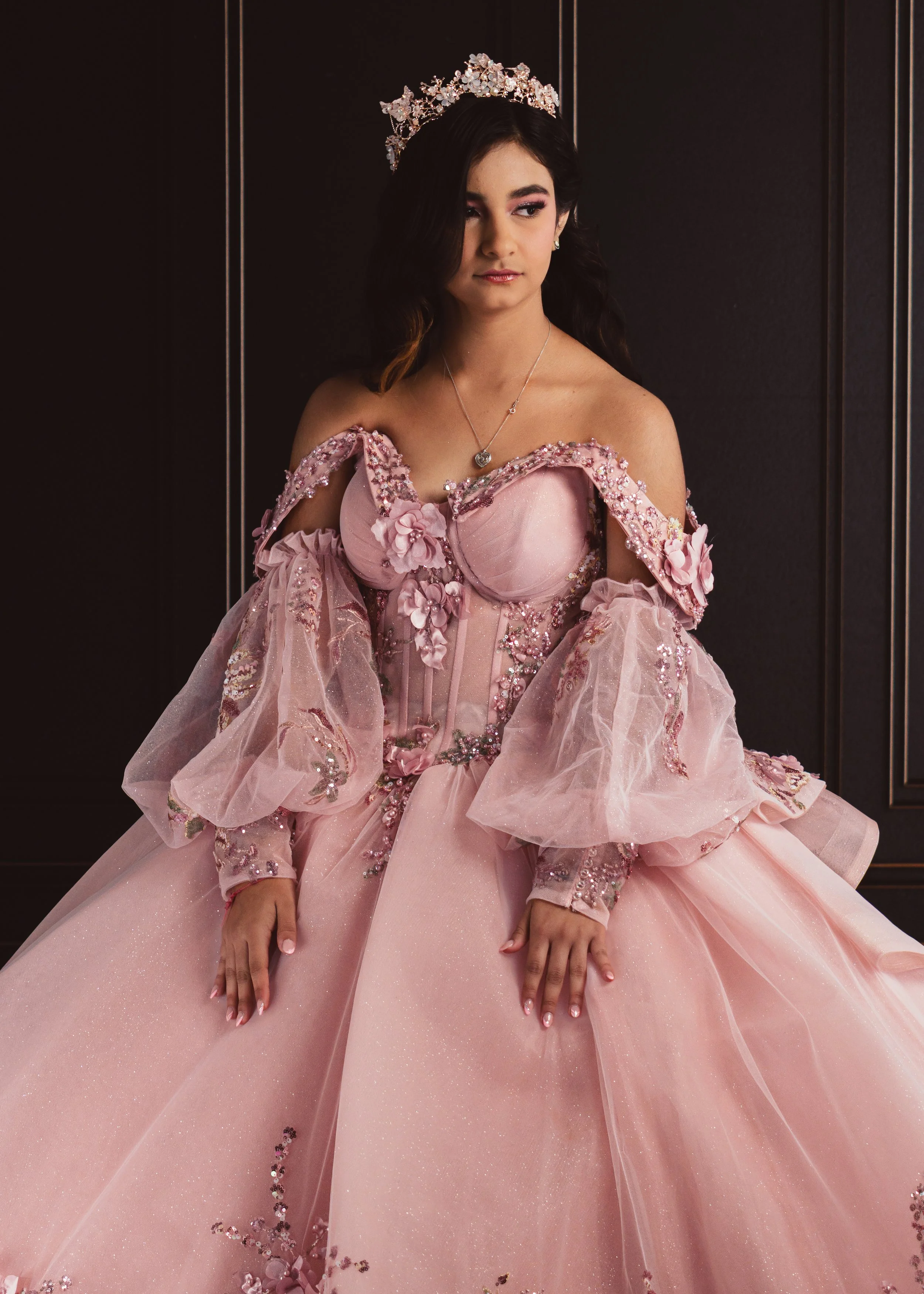 Elegant formal portrait of a young woman in a pink dress and tiara, utilizing moody studio lighting perfect for Quinceañera or event photography.
