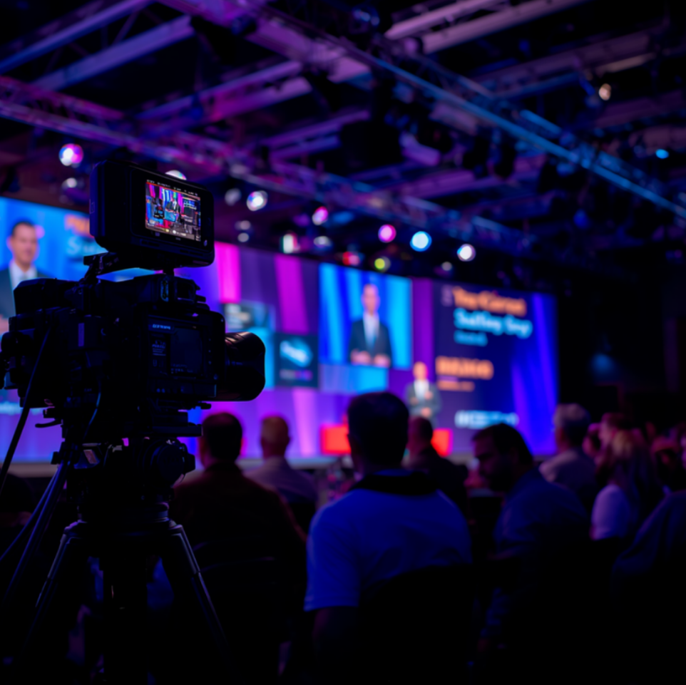 Multi-camera setup and wireless audio transmitters for a corporate keynote presentation