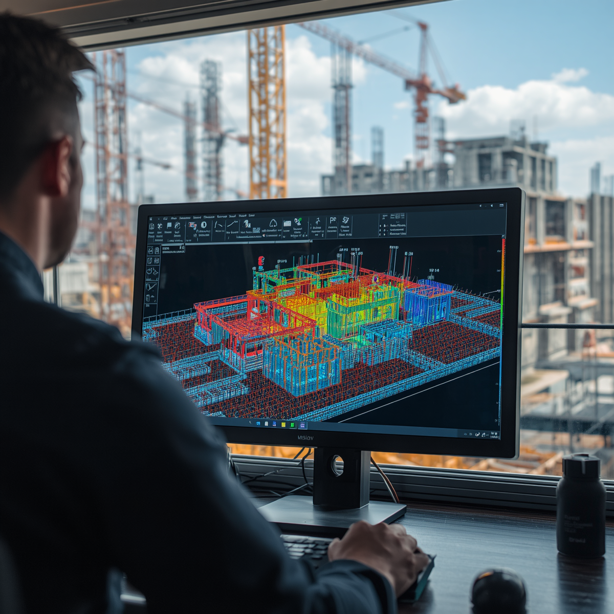 Over-the-shoulder view of a professional reviewing a highly detailed 3D LiDAR point cloud model of a building on a computer monitor, with a construction site in the background.