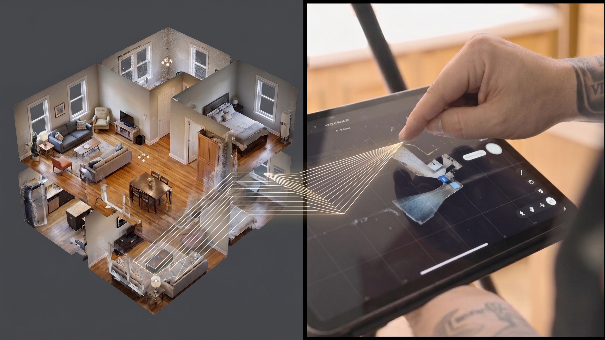 Split view showing a 3D floor plan layout alongside a technician using a tablet for real estate LiDAR property scanning by Sunset Media