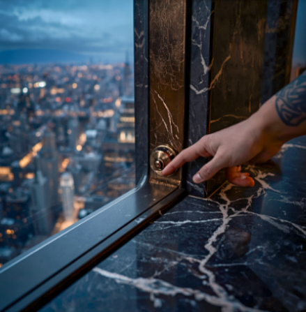 Close-up of a hand with a distinct tattoo adjusting a hidden control within a deep-perspective view of a dark luxury real estate penthouse at twilight, exemplifying intent-defined imagery.