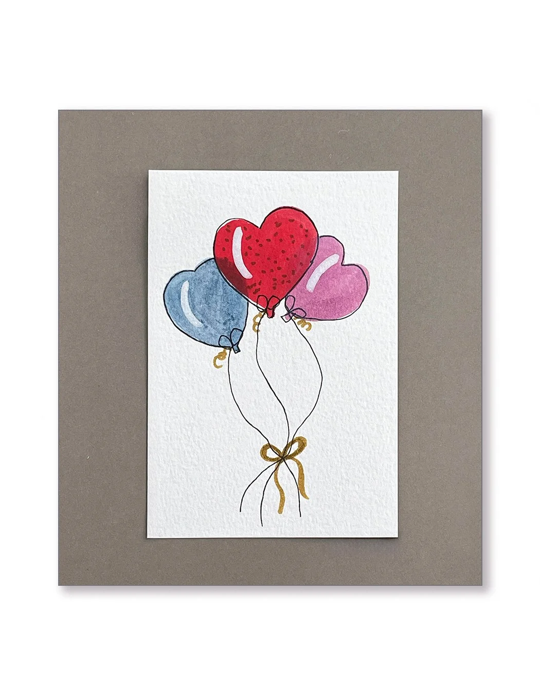 Red Blue and Purple Heart Balloons Watercolor Notecard