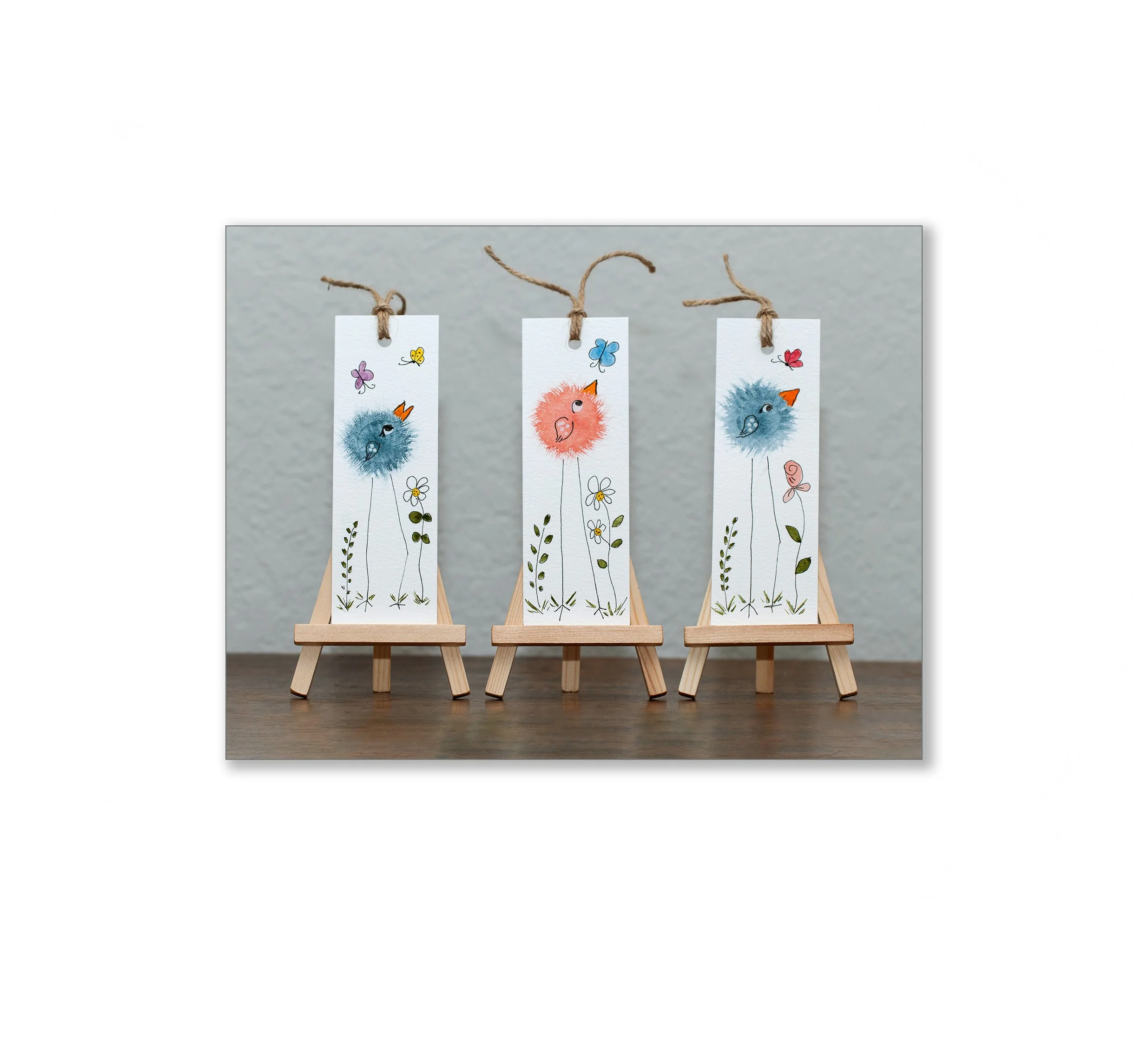 Whimsical Fluffy Bird Watercolor Bookmarks